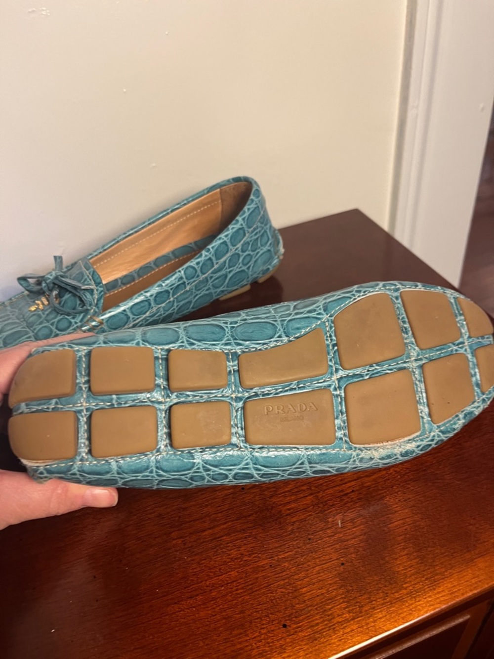 Prada Turquoise Crocodile Pattern Driving Mocs Loafers size 8 - Picture 3 of 8